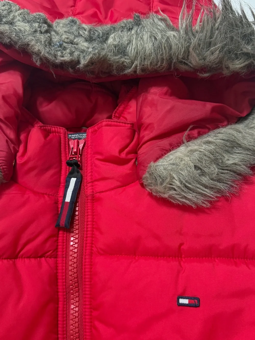 Tommy Hilfiger Kids Red Hooded Puffer Jacket with Faux Fur Trim